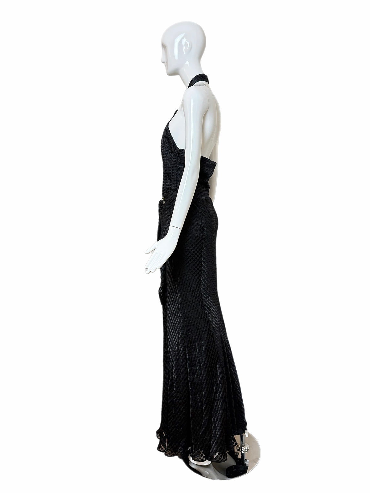 GALLIANO Vintage Black Silk Blend Textured Jacquard Halter Neck Evening Gown