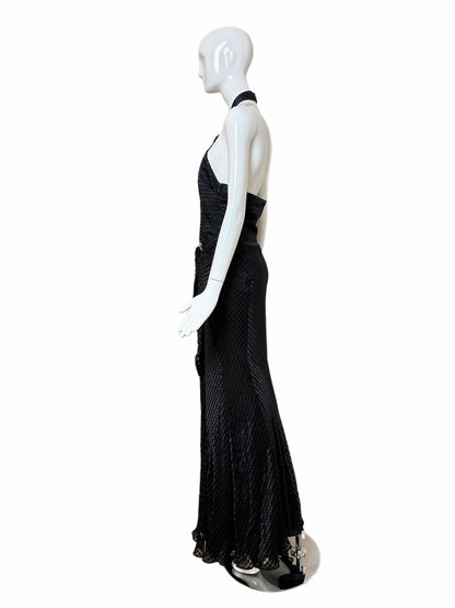 GALLIANO Vintage Black Silk Blend Textured Jacquard Halter Neck Evening Gown