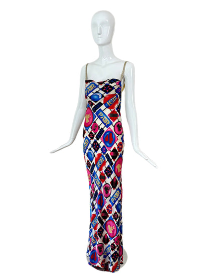 ICEBERG 2001 Vintage Runway 100% Silk Crystal Strap Backless Gown