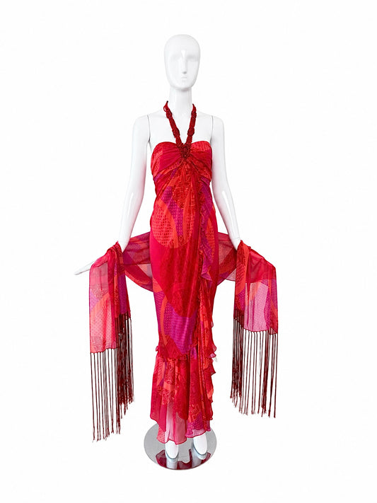 ICEBERG 2006 Vintage Runway Silk Embellished Ruffle Gown + Shawl