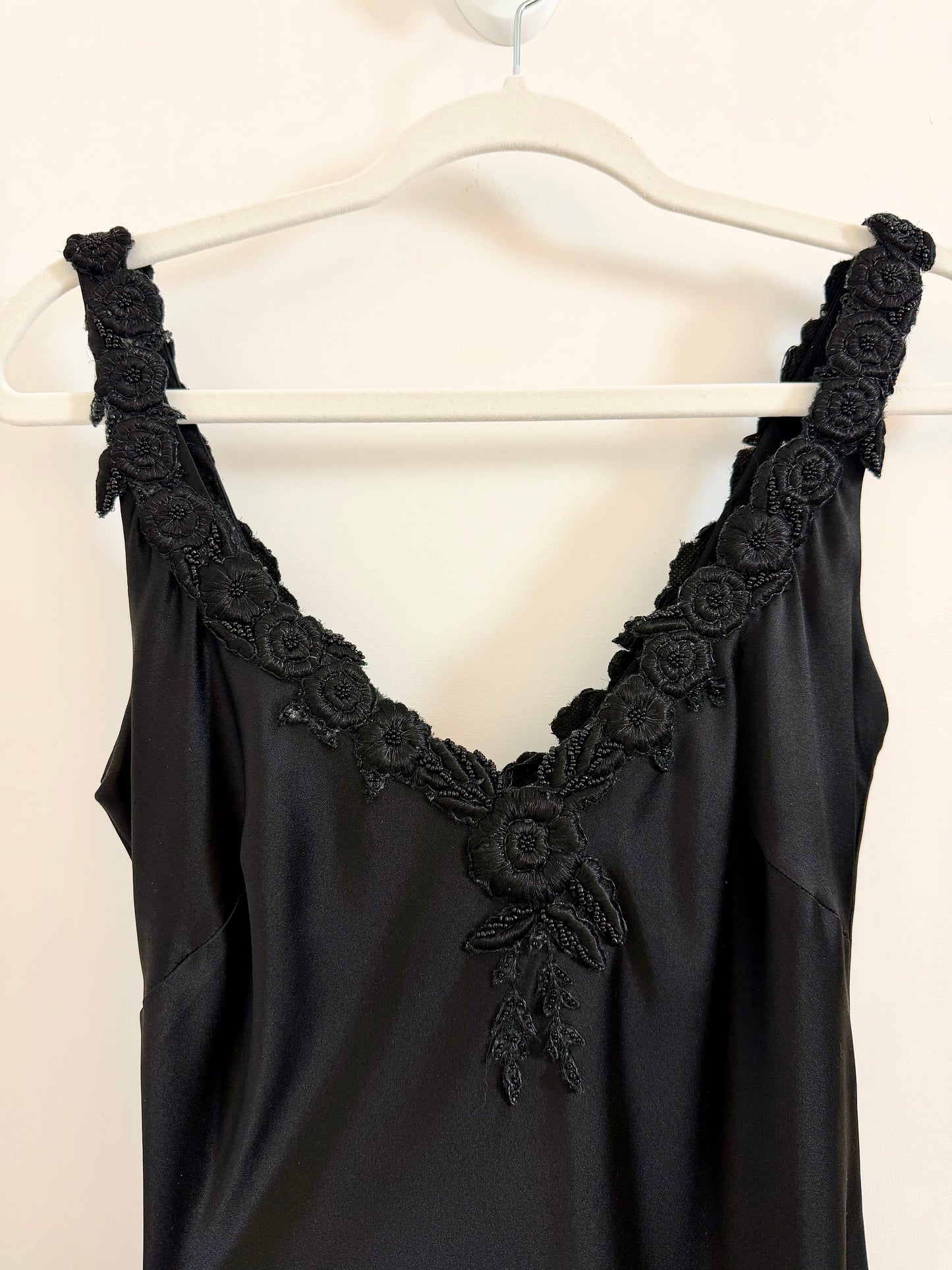 VINTAGE 90's Black Silk Floral Embroidered Handkerchief Asymmetrical Dress