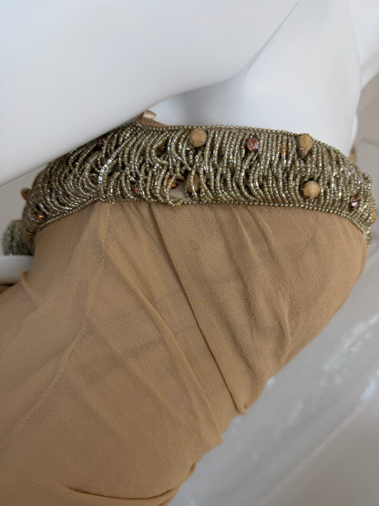 ROBERTO CAVALLI 2012 Silk Chiffon Tan Embellished Grecian Gown w. Slit