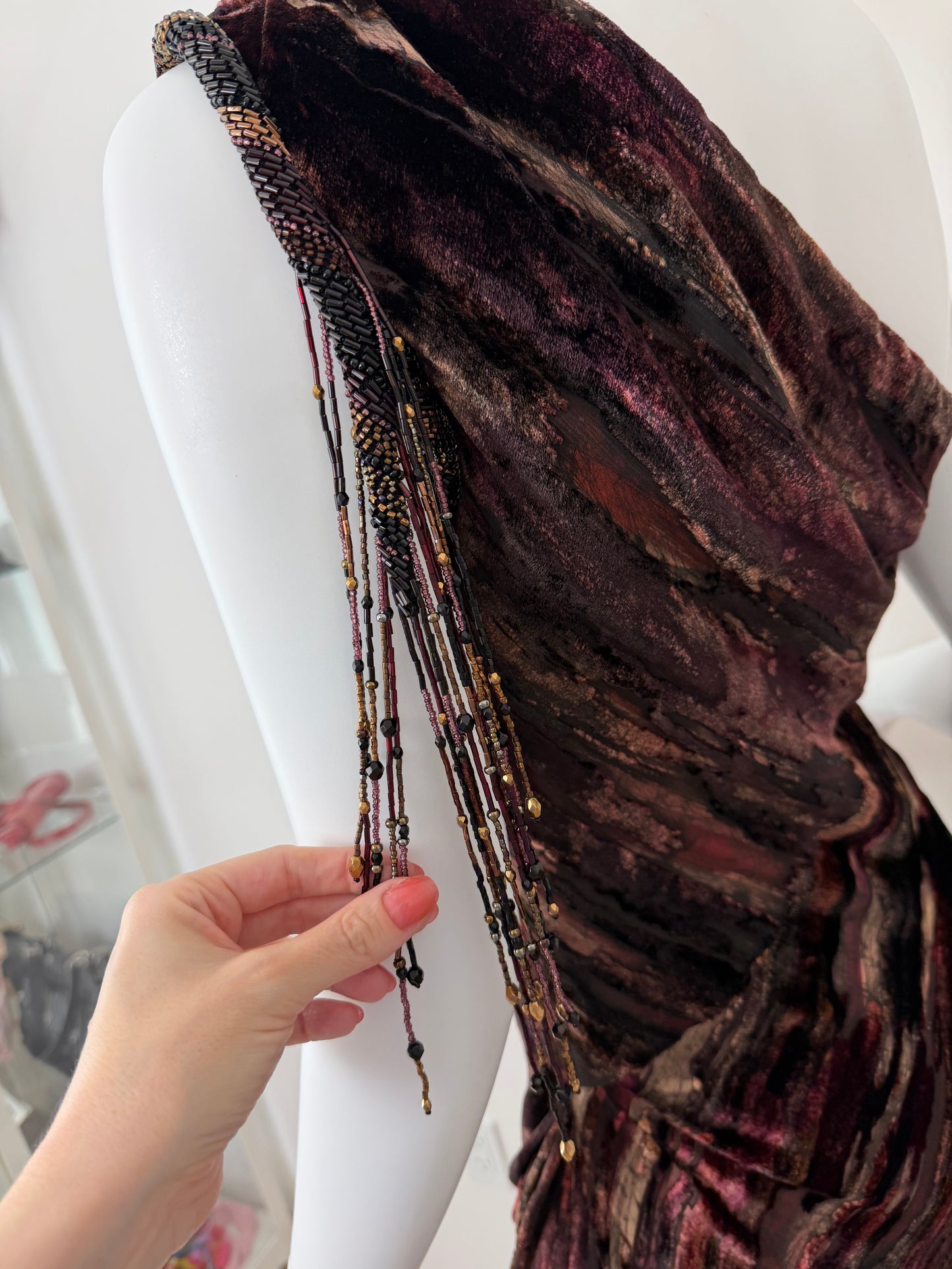 BOB MACKIE Vintage Embellished One Shoulder Brushstroke Evening Gown