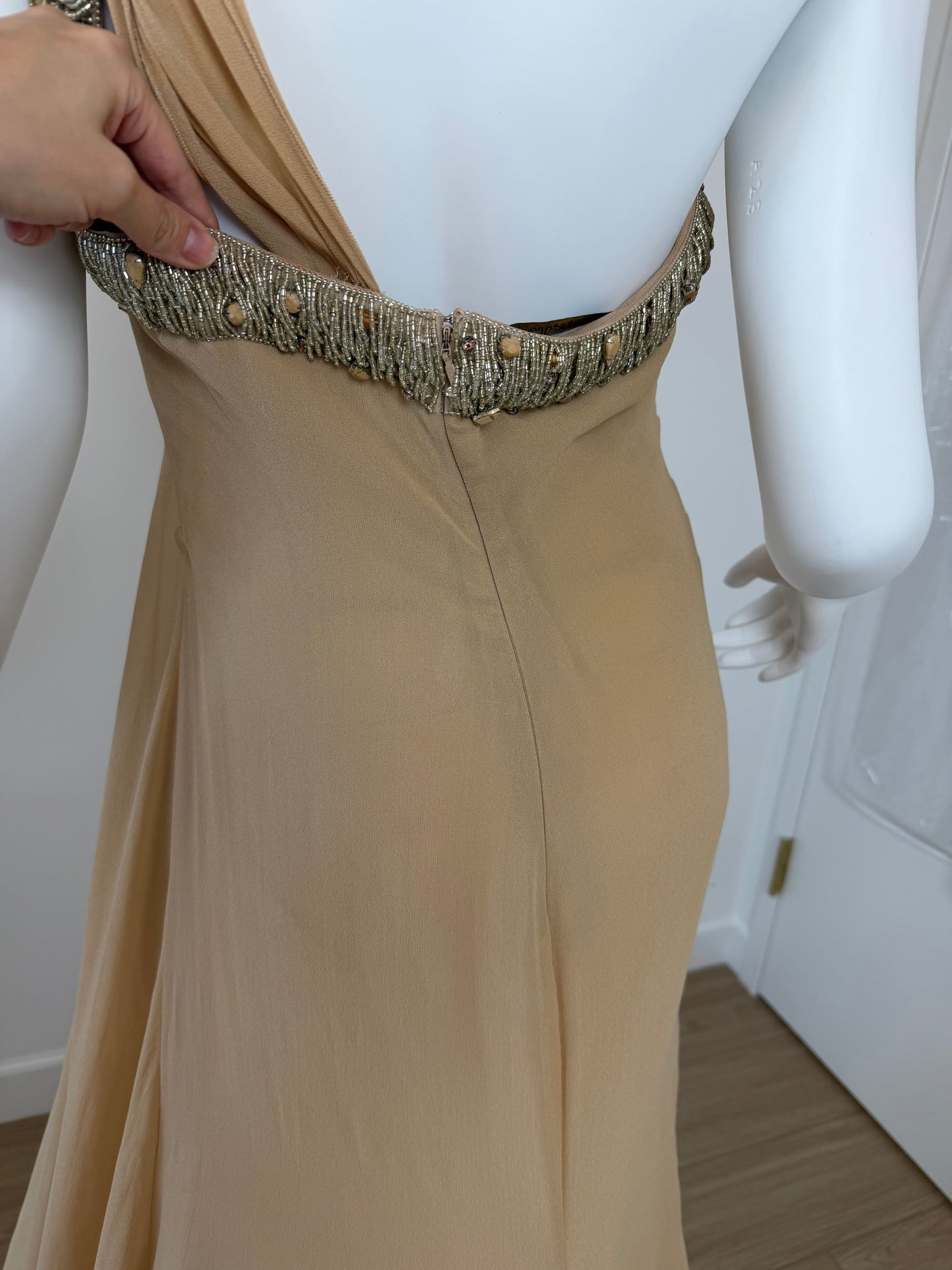 ROBERTO CAVALLI 2012 Silk Chiffon Tan Embellished Grecian Gown w. Slit