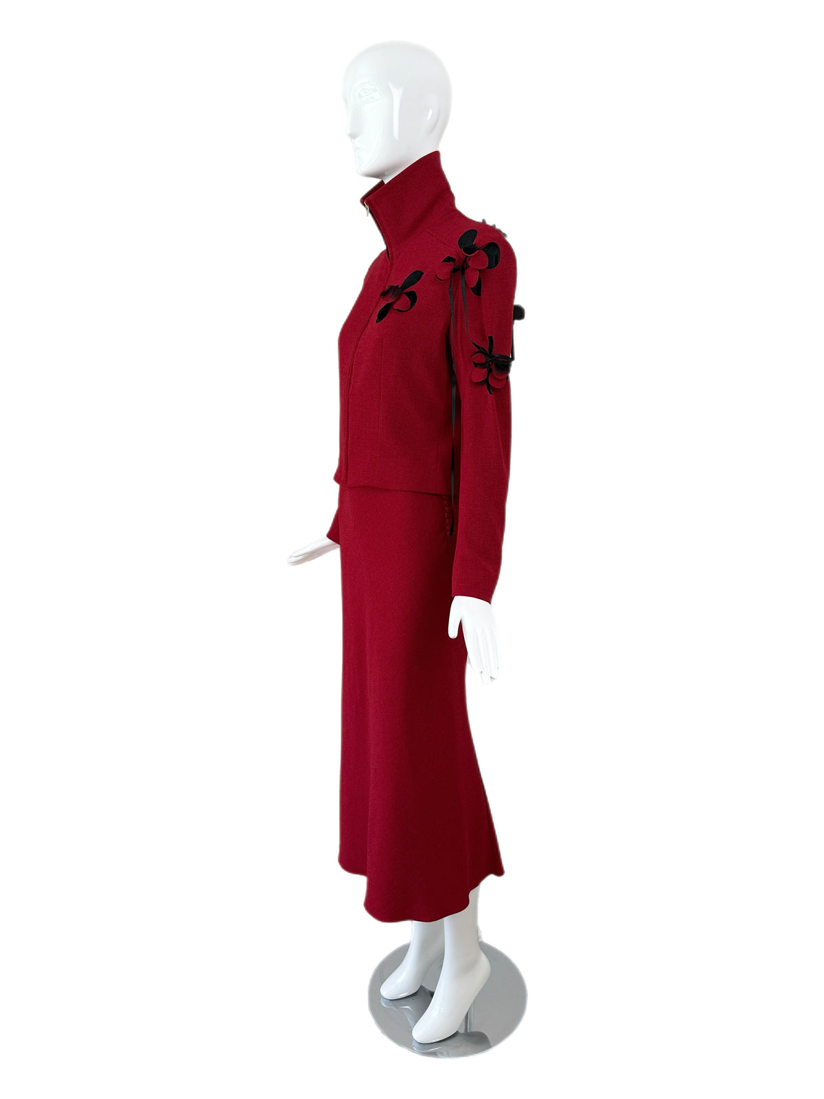 John Galliano 2001 Vintage Crimson Red Floral Motif Skirt Suit