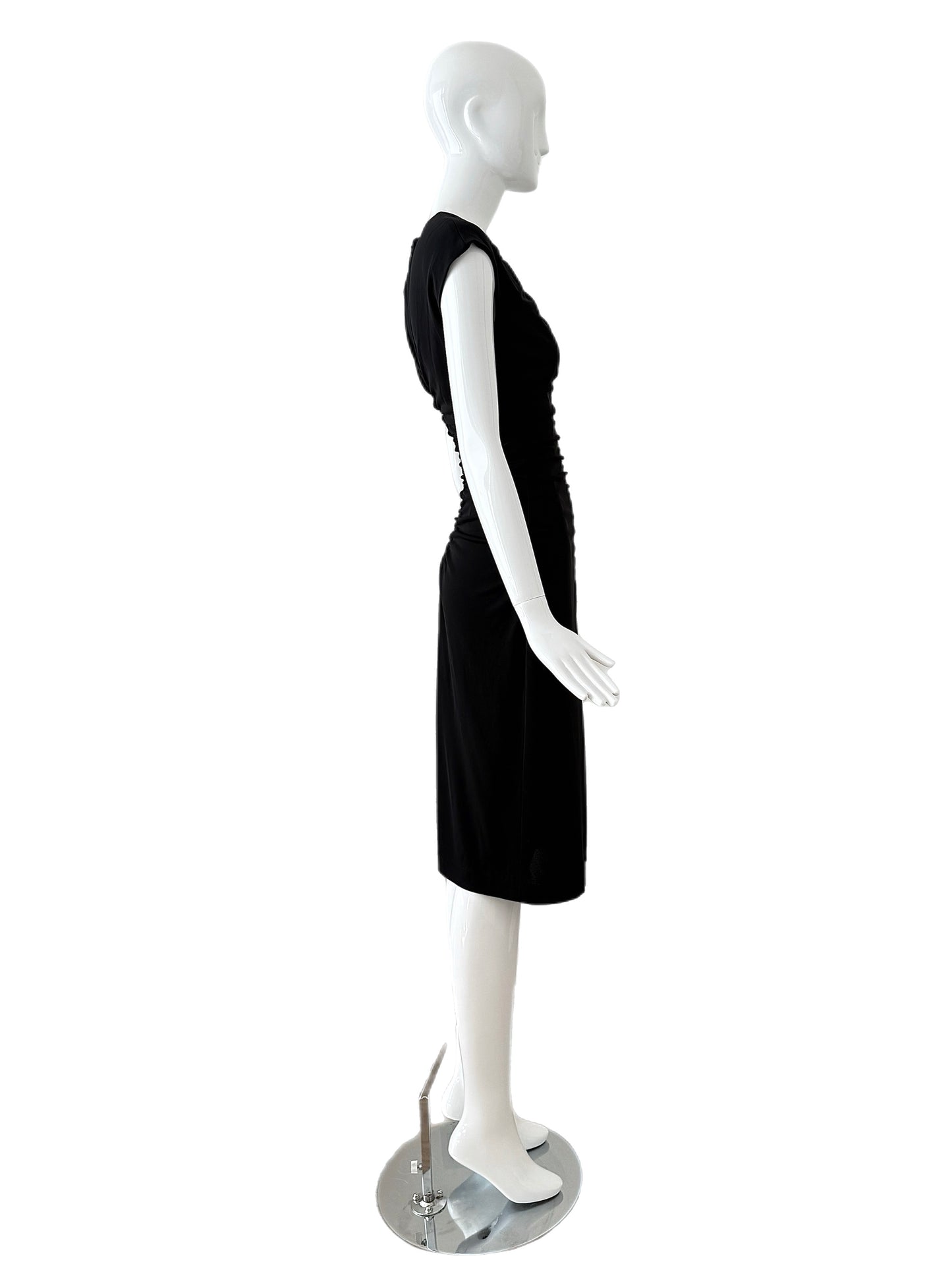 HALSTON 2001 Vintage Black Ruched Deep V Knee Length Dress