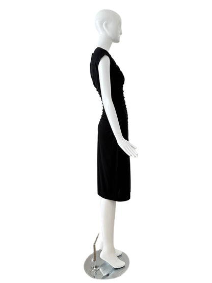 HALSTON 2001 Vintage Black Ruched Deep V Knee Length Dress