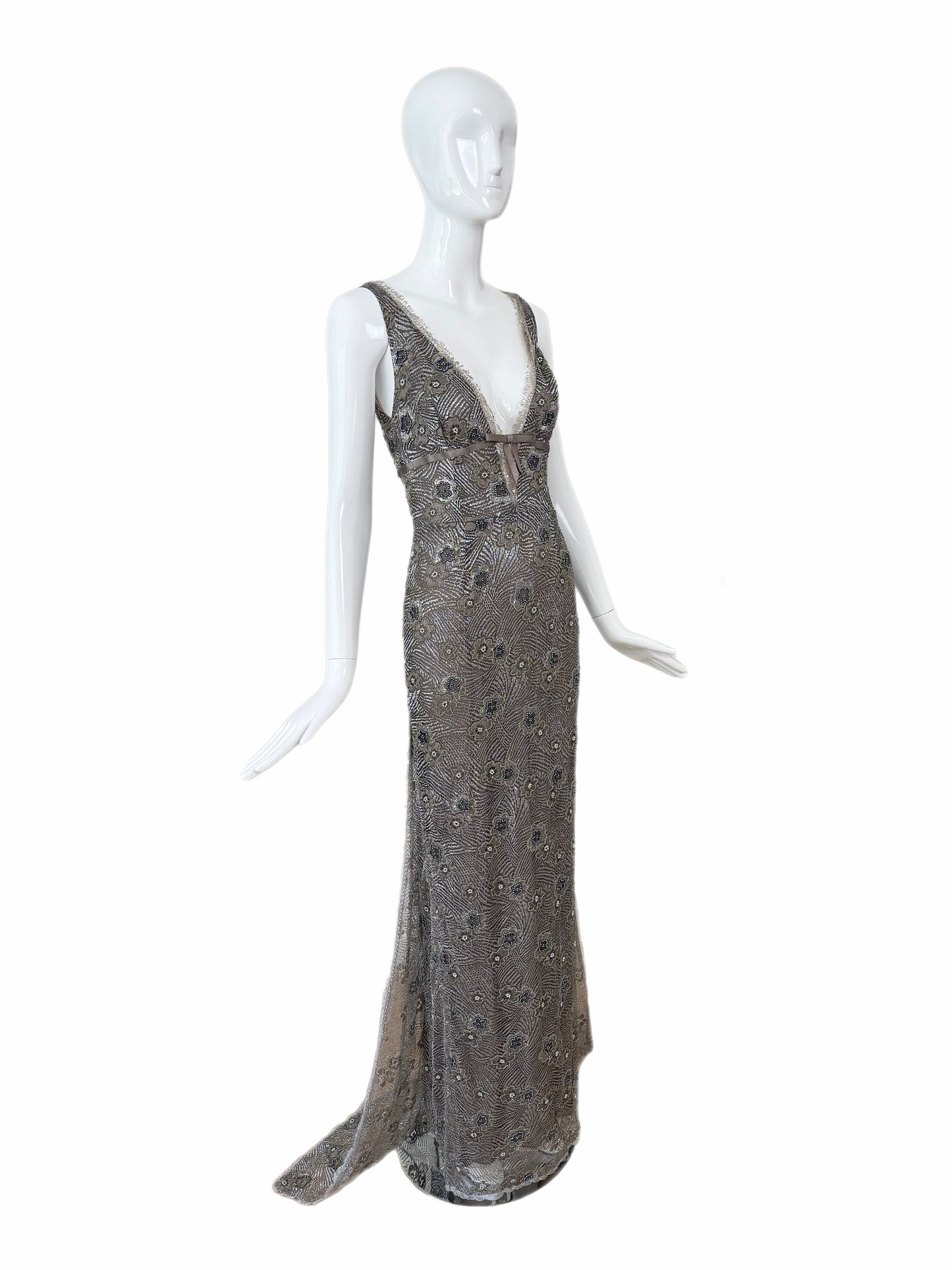 RANDOLPH DUKE 2005 Vintage Silver Floral Beaded Evening Gown w. Train