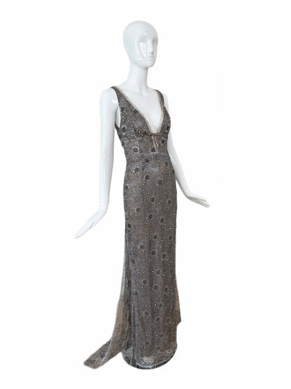 RANDOLPH DUKE 2005 Vintage Silver Floral Beaded Evening Gown w. Train