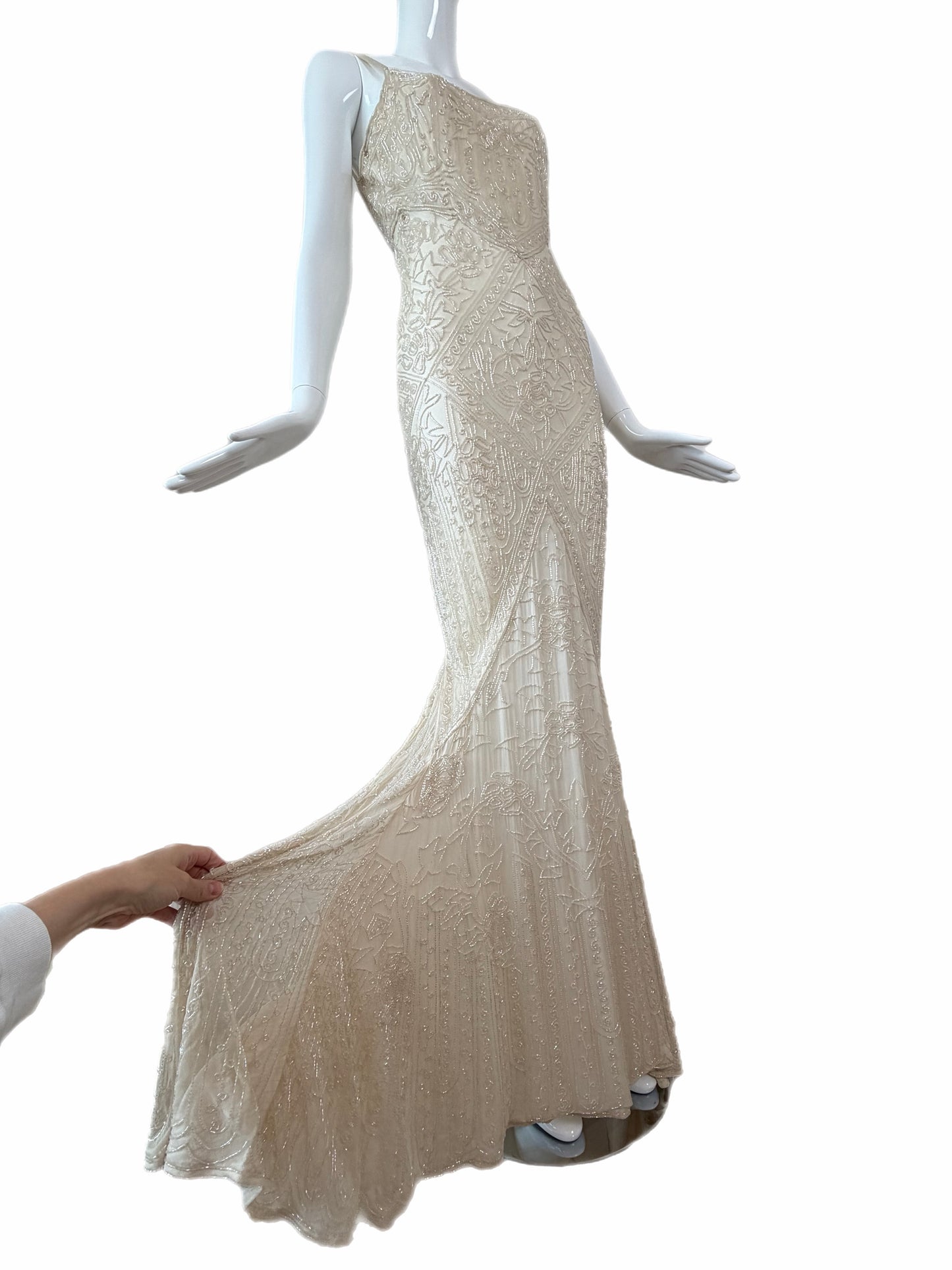 LES HABITUDES 90's Couture Vintage Iridescent Ivory Cream Silk Hand Beaded Bridal Gown