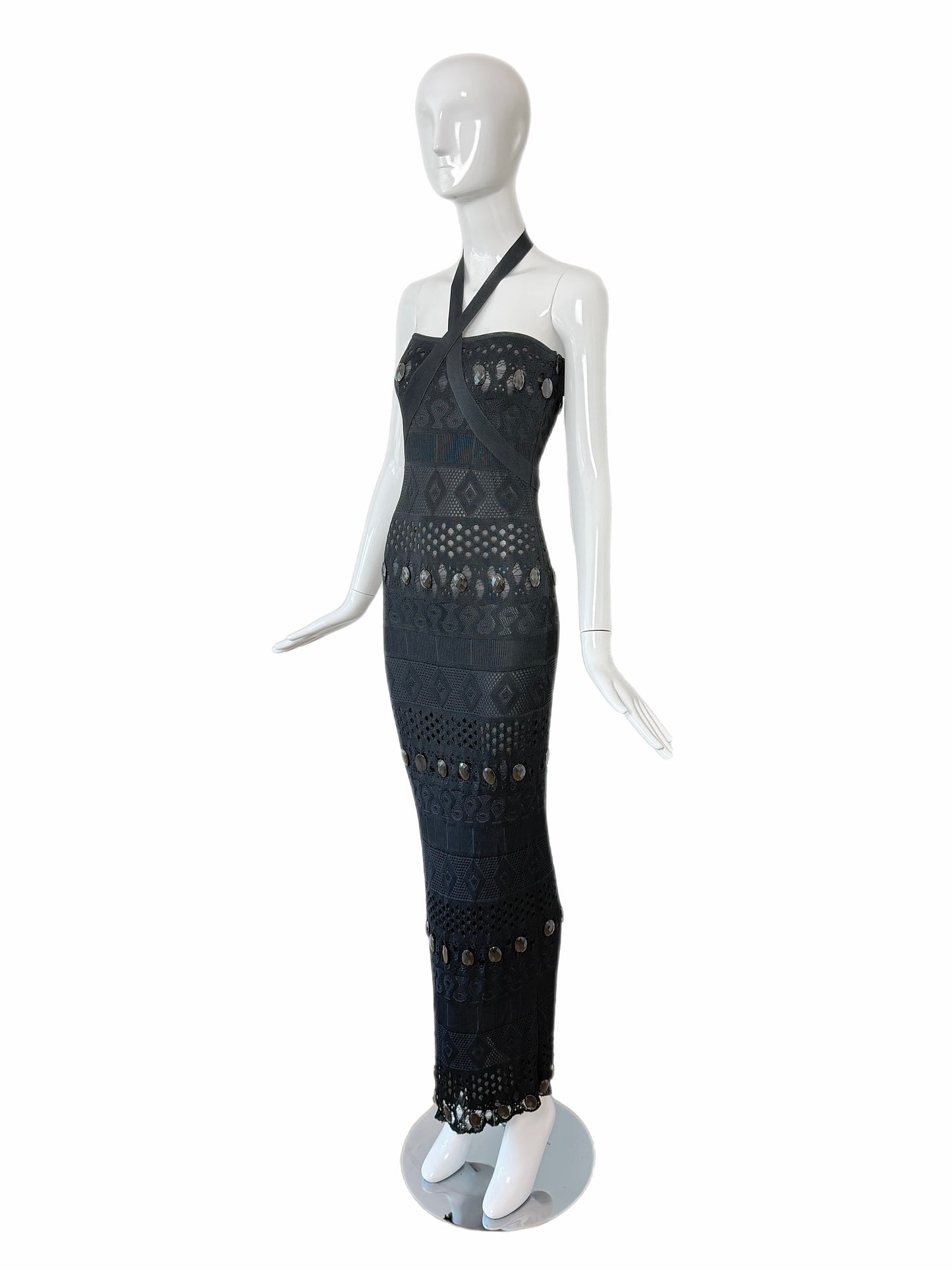 HERVE LEGER 90's Vintage Black Crystal Halter Wiggle Maxi Dress
