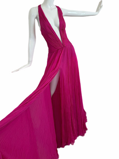 ROBERTO CAVALLI Hot Pink Fuschia Silk Plisse Pleated Plunge Neckline Evening Gown