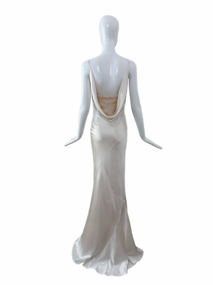 LES HABITUDES 90's Vintage Soft White Liquid Satin Bridal Gown w. Lace Detail