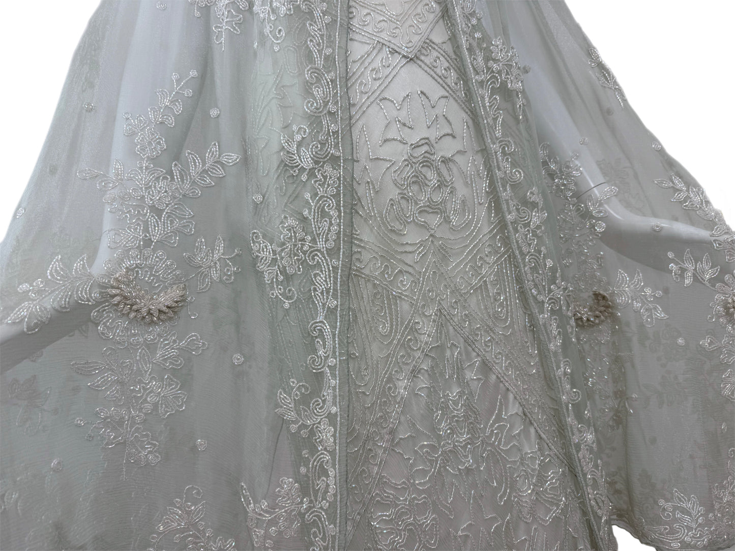 LES HABITUDES 90's Couture Vintage Grey/Blue Beaded Bridal Dress w. Shawl