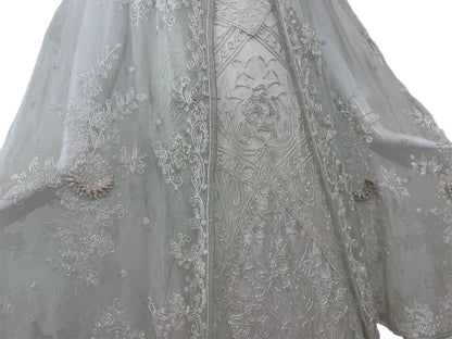 LES HABITUDES 90's Couture Vintage Grey/Blue Beaded Bridal Dress w. Shawl