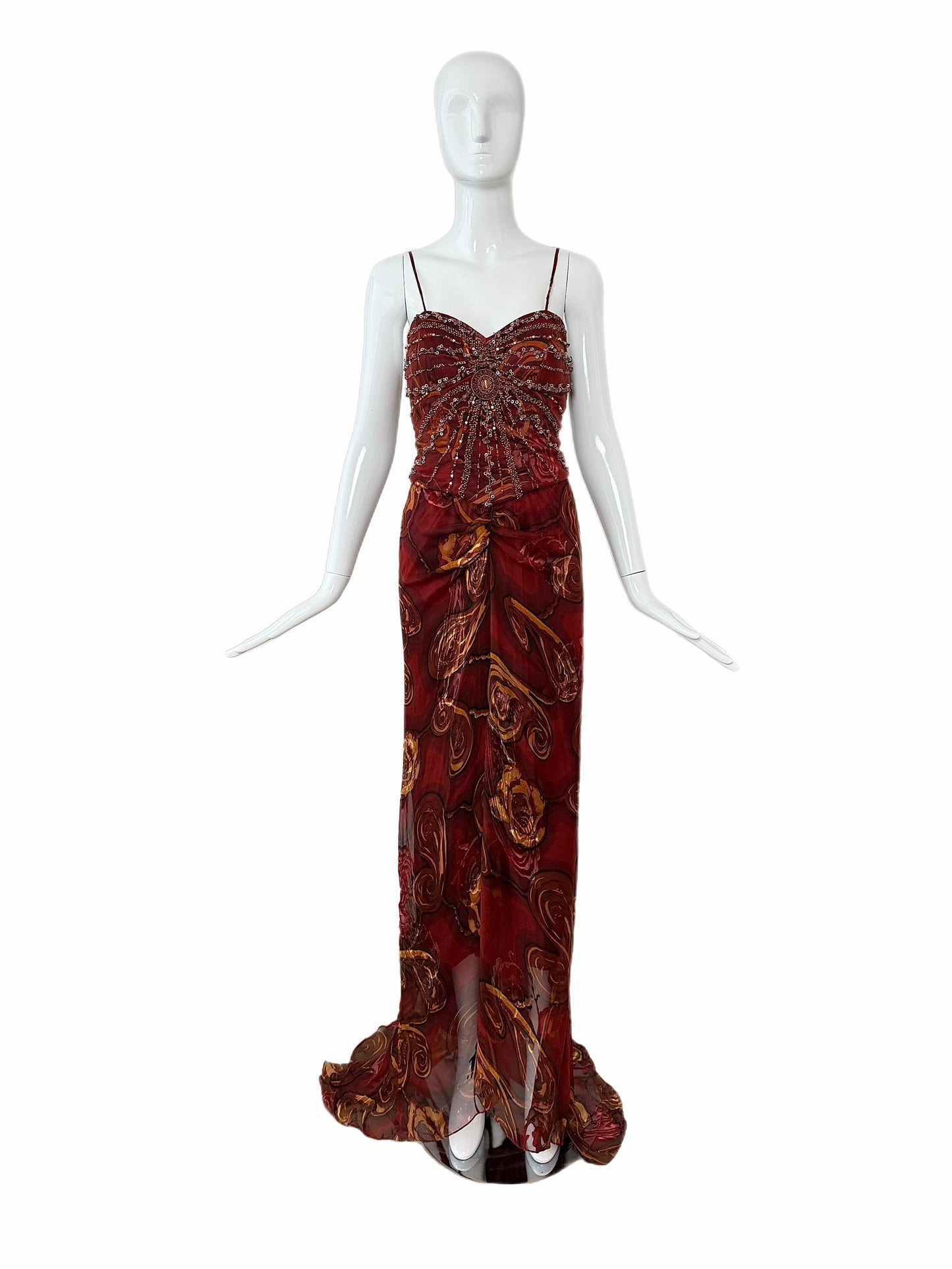 SUE WONG Vintage Silk Burgundy Embellished Evening Gown w. Train