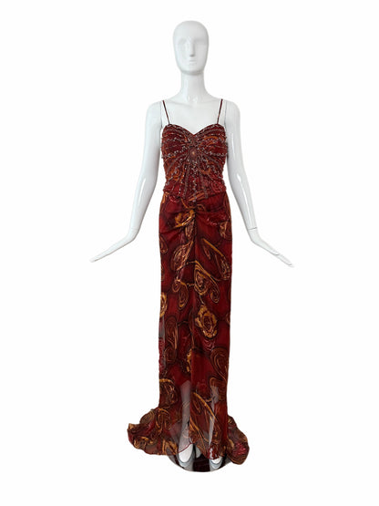 SUE WONG Vintage Silk Burgundy Embellished Evening Gown w. Train