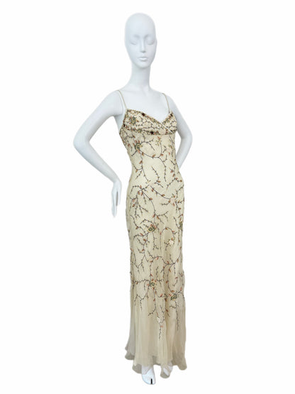 EAVIS & BROWN 90's Vintage Iridescent Beige Silk Embroidered Floral Gown