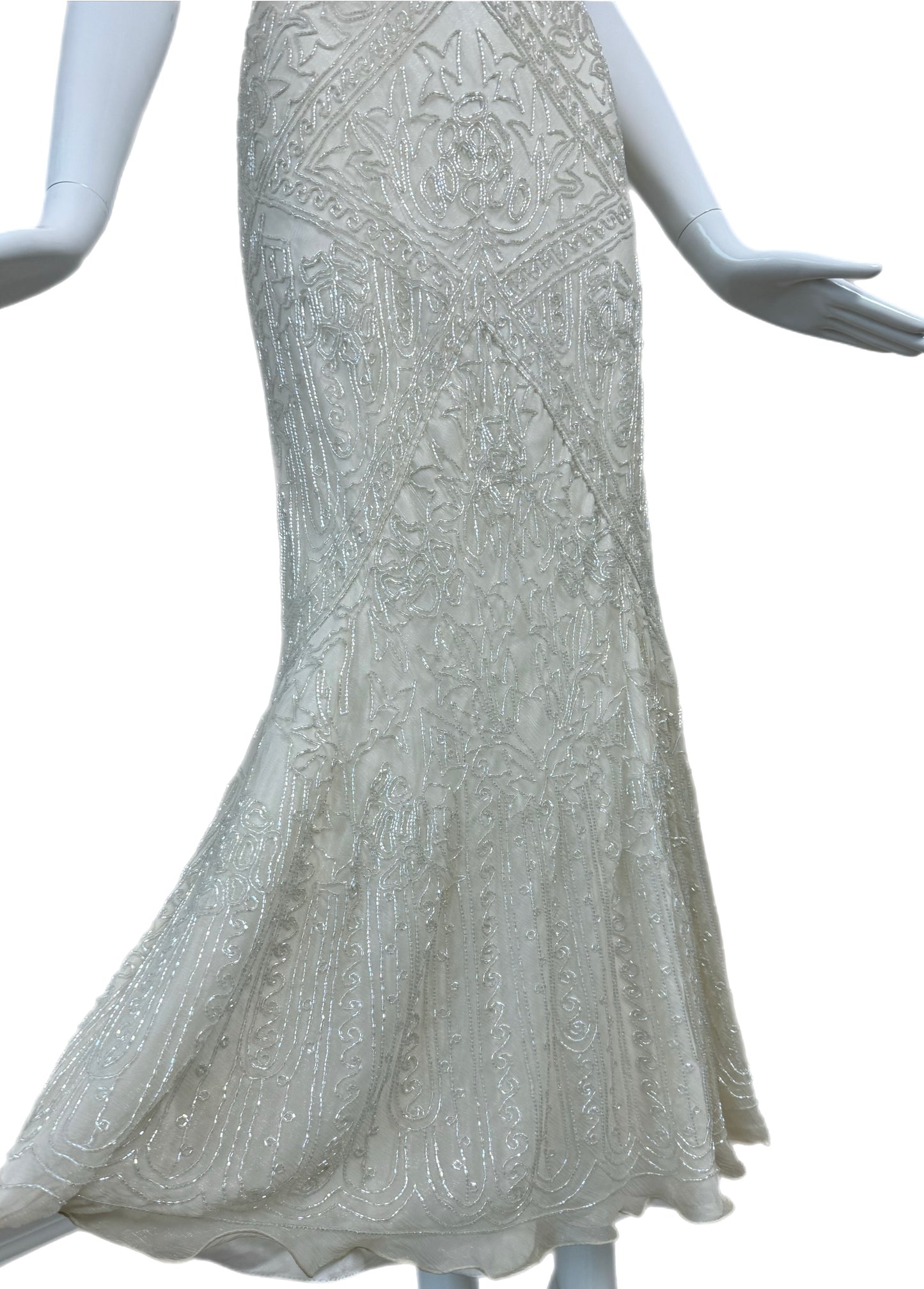 LES HABITUDES 90's Vintage Couture Ivory White Silk Beaded Dress w. Shawl