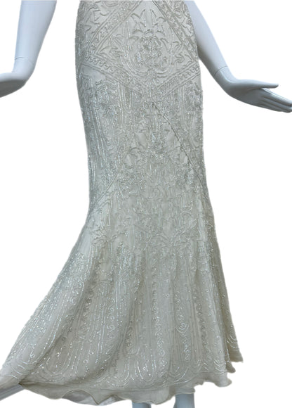 LES HABITUDES 90's Vintage Couture Ivory White Silk Beaded Dress w. Shawl
