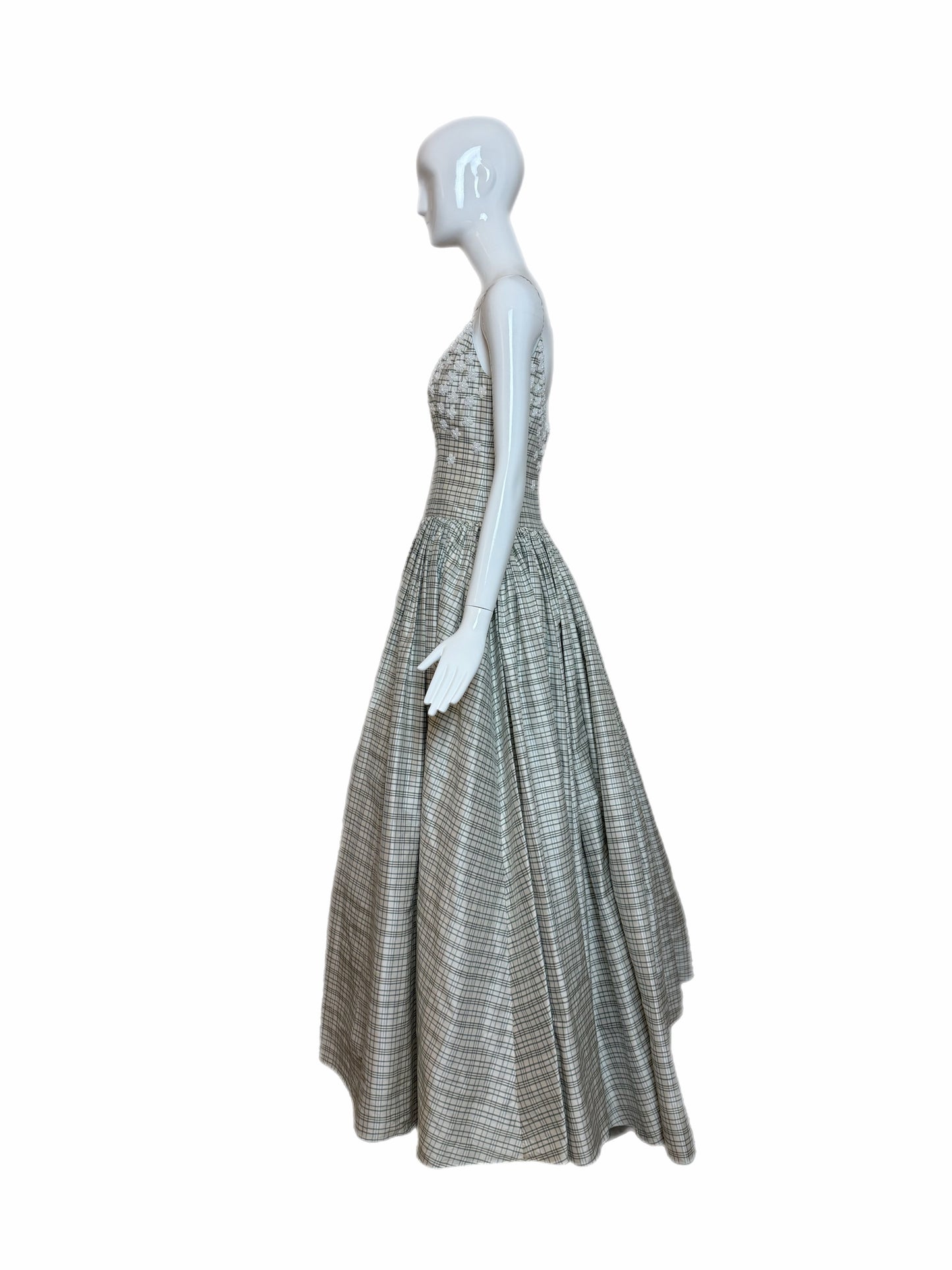 BADGLEY MISCHKA 90's Vintage Ivory Checked Silk Beaded Ball Gown