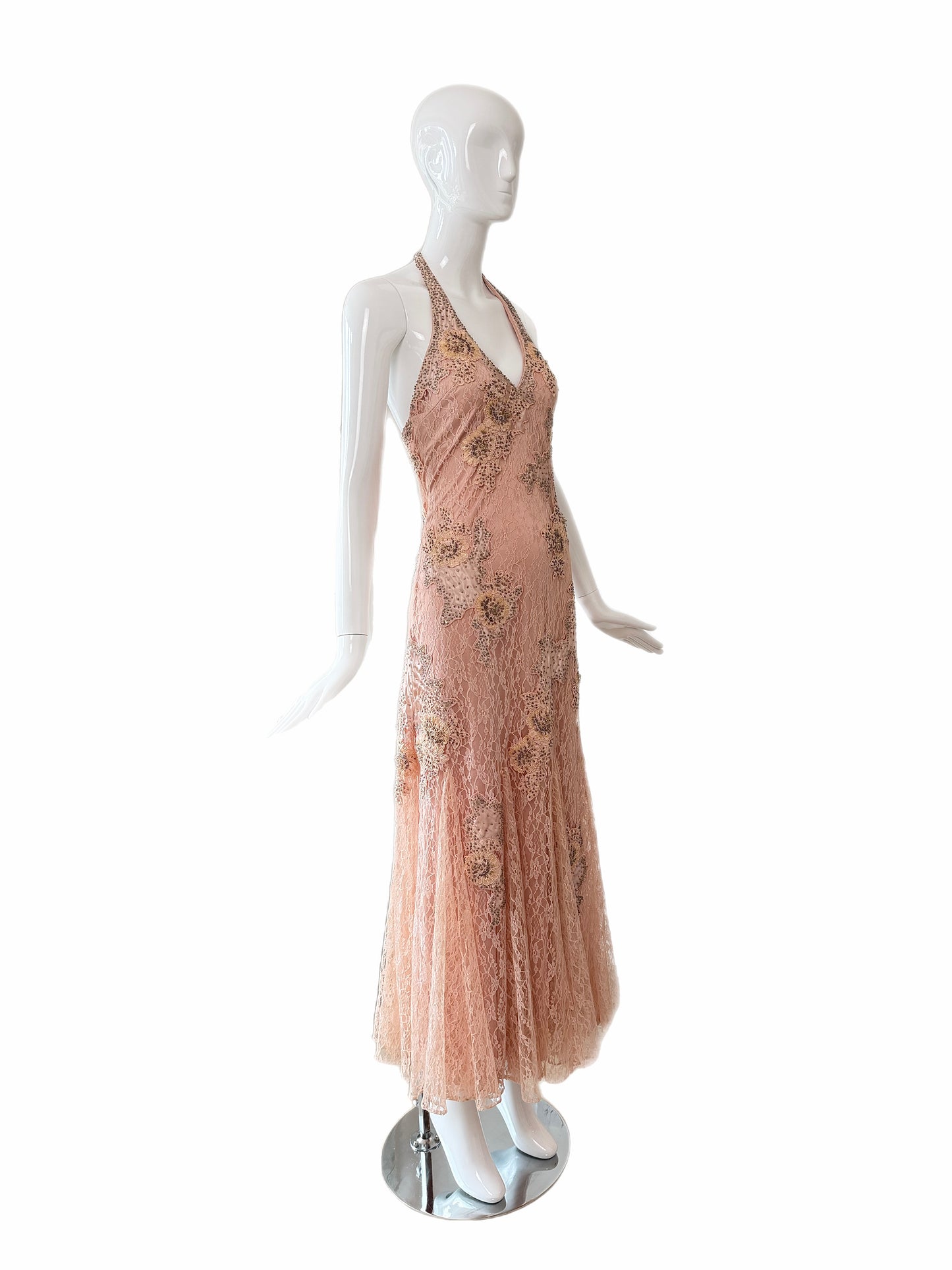 SUE WONG 2000's Vintage Peachy Pink Lace Embellished Maxi Dress