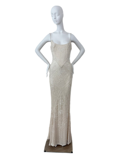 LES HABITUDES 90's Vintage Couture Hand Beaded Bridal Gown w. Gloves + Shawl