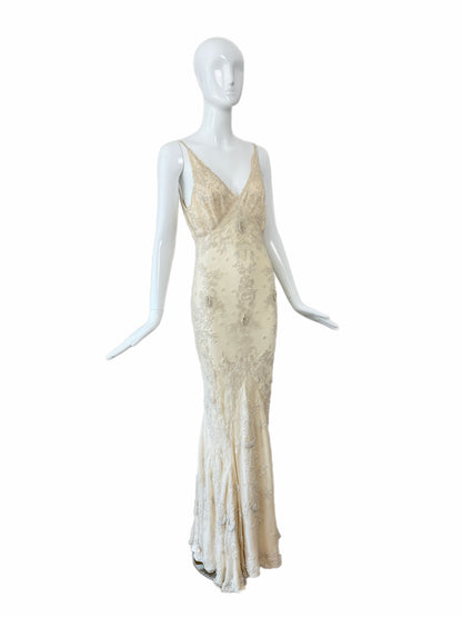 LES HABITUDES 90's Vintage Couture Vanilla Cream Beaded Silk Wedding Gown w. Shawl