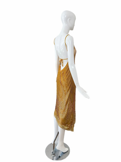 LA PERLA Vintage Marigold Embellished Slip Dress w. Sequin Shawl
