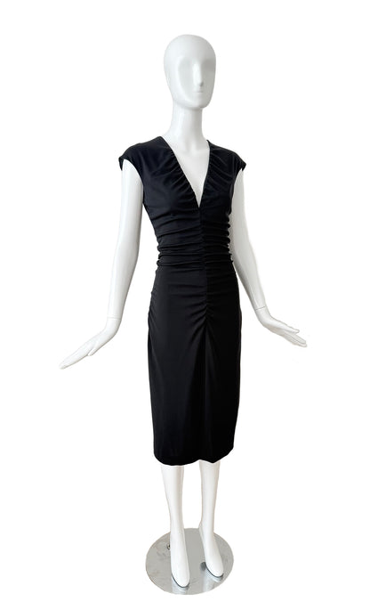 HALSTON 2001 Vintage Black Ruched Deep V Knee Length Dress