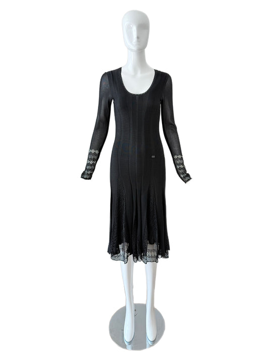 CHANEL 2005 Vintage Long Sleeve Black Lace Pointelle Dress