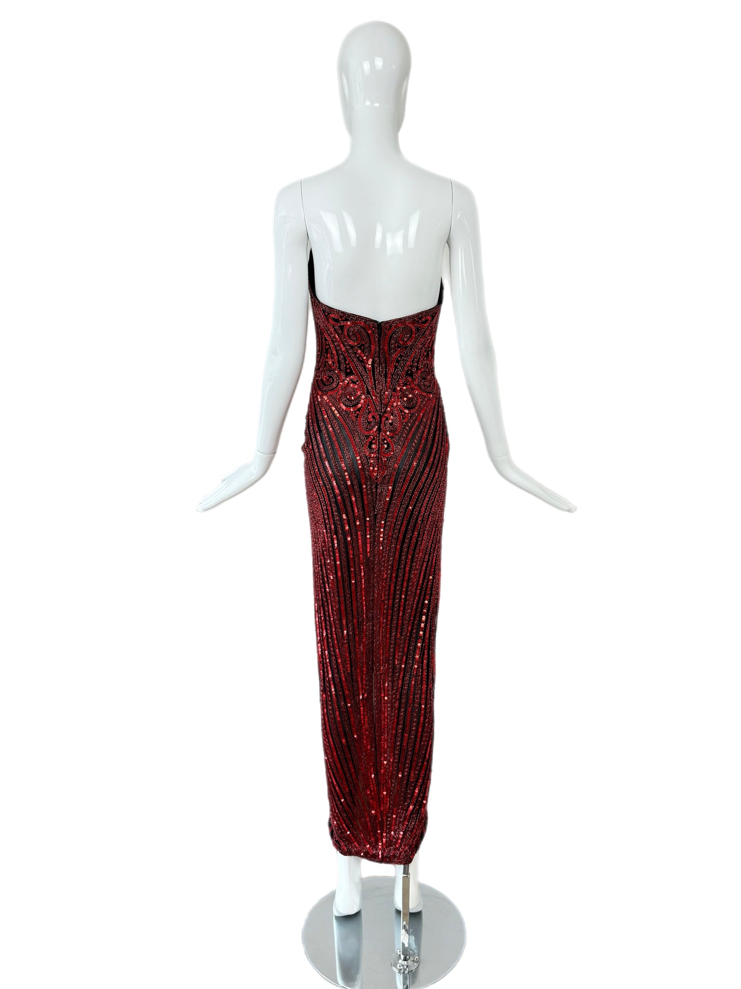 BOB MACKIE c. 1987 Vintage Red Heavily Embellished Evening Gown