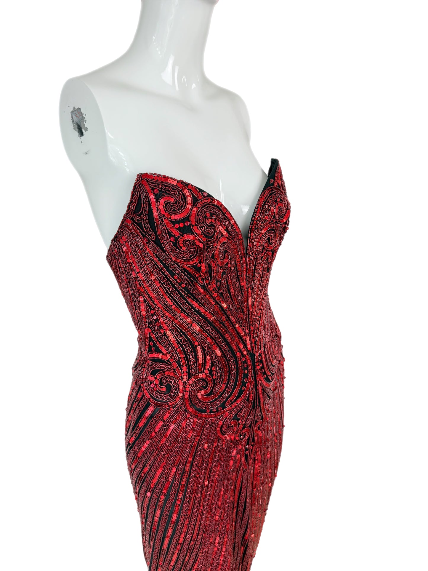 BOB MACKIE c. 1987 Vintage Red Heavily Embellished Evening Gown