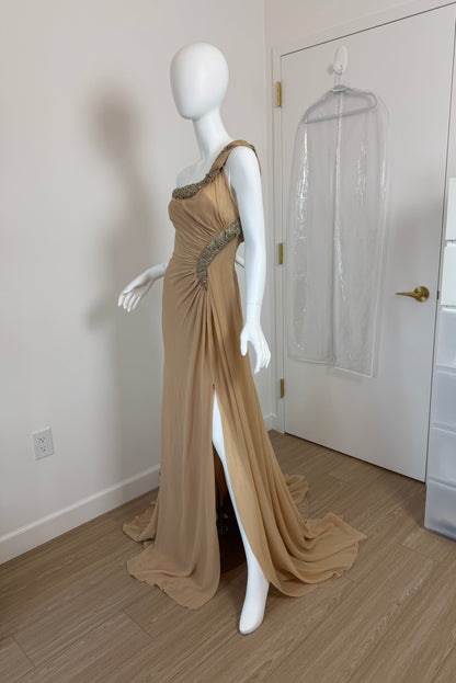 ROBERTO CAVALLI 2012 Silk Chiffon Tan Embellished Grecian Gown w. Slit
