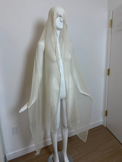 LES HABITUDES 90's Vintage Ivory Iridescent Silk Chiffon Shawl w. Iridescent White Glass Beads