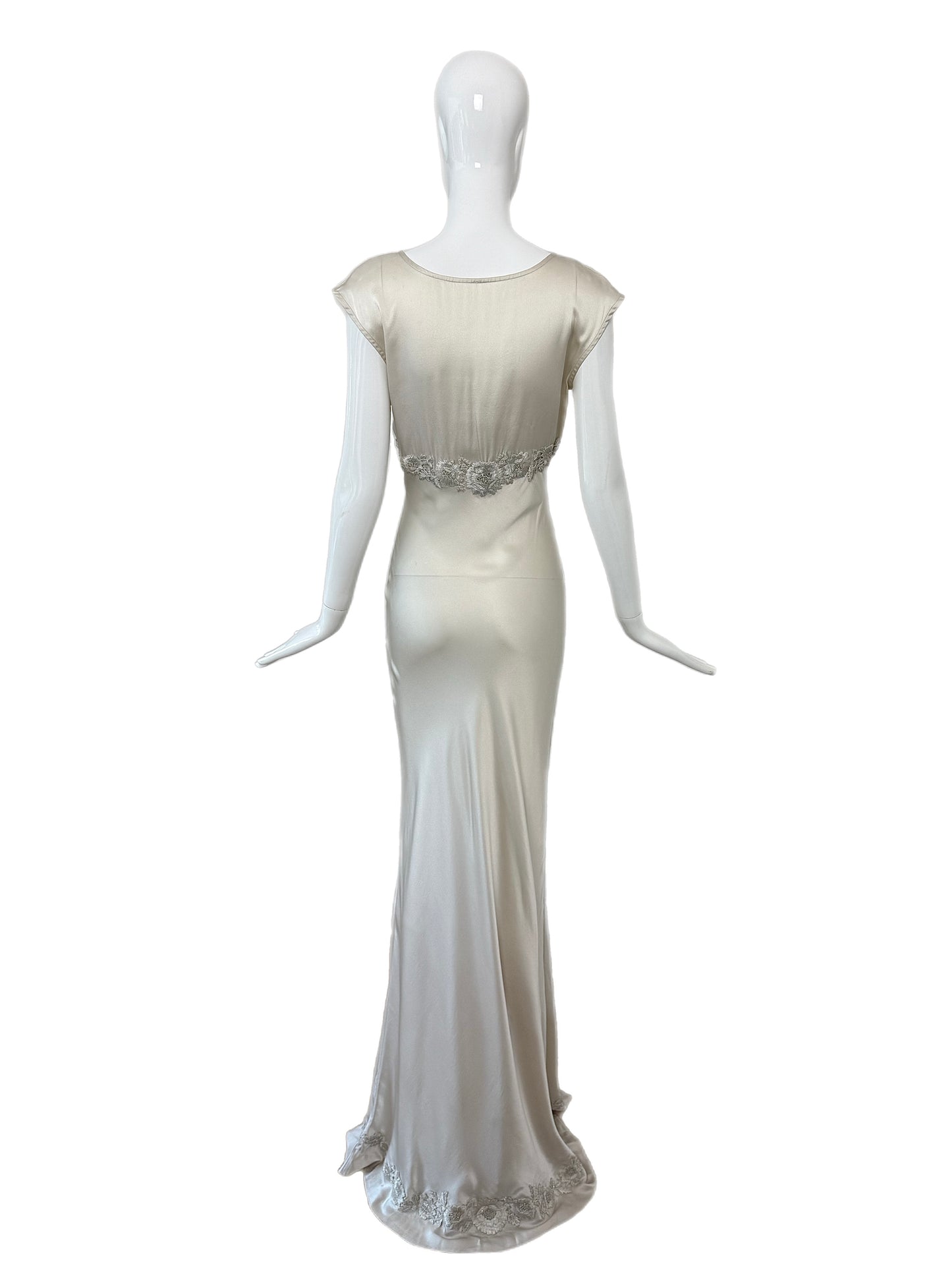 LES HABITUDES 90's Vintage Silver Grey Satin Floral Hand Beaded Gown
