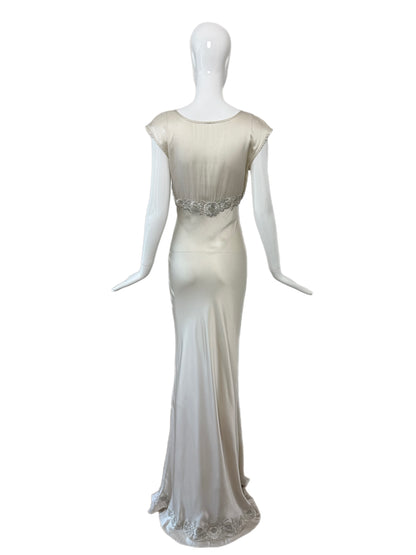 LES HABITUDES 90's Vintage Silver Grey Satin Floral Hand Beaded Gown