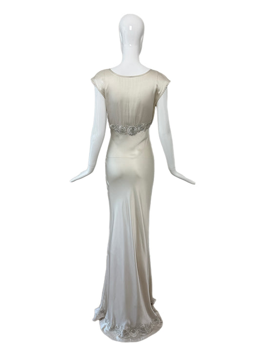 LES HABITUDES 90's Vintage Silver Grey Satin Floral Hand Beaded Gown