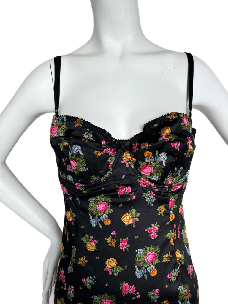 DOLCE & GABBANA 90's Vintage Black Floral Bustier Dress