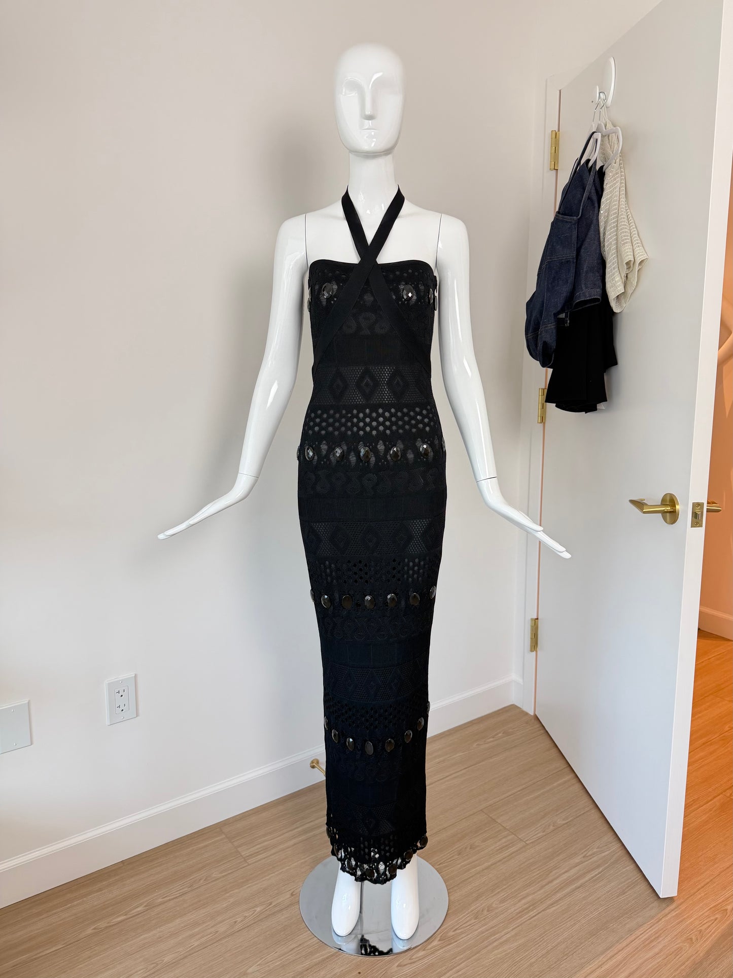 HERVE LEGER 90's Vintage Black Crystal Halter Wiggle Maxi Dress