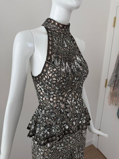 Eavis & Brown Vintage Hand-Beaded Silk Silver Embellished Skirt Set
