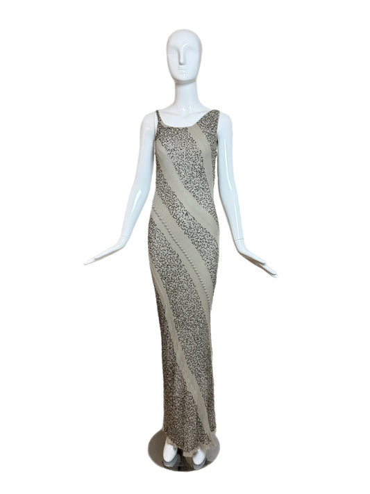 NINA RICCI 2008 Vintage Runway Embellished Bias Cut Grey Evening Gown