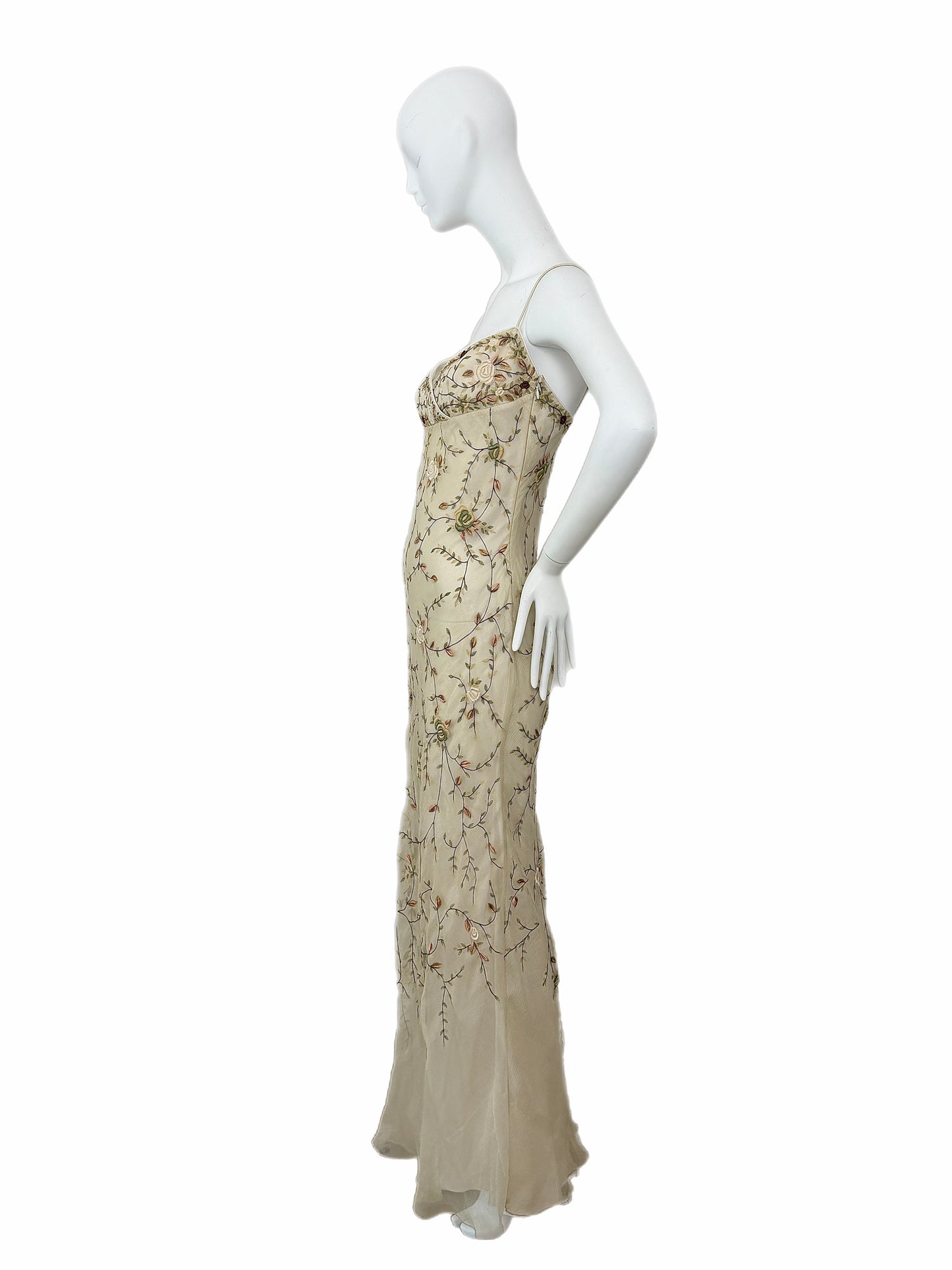 EAVIS & BROWN 90's Vintage Iridescent Beige Silk Embroidered Floral Gown