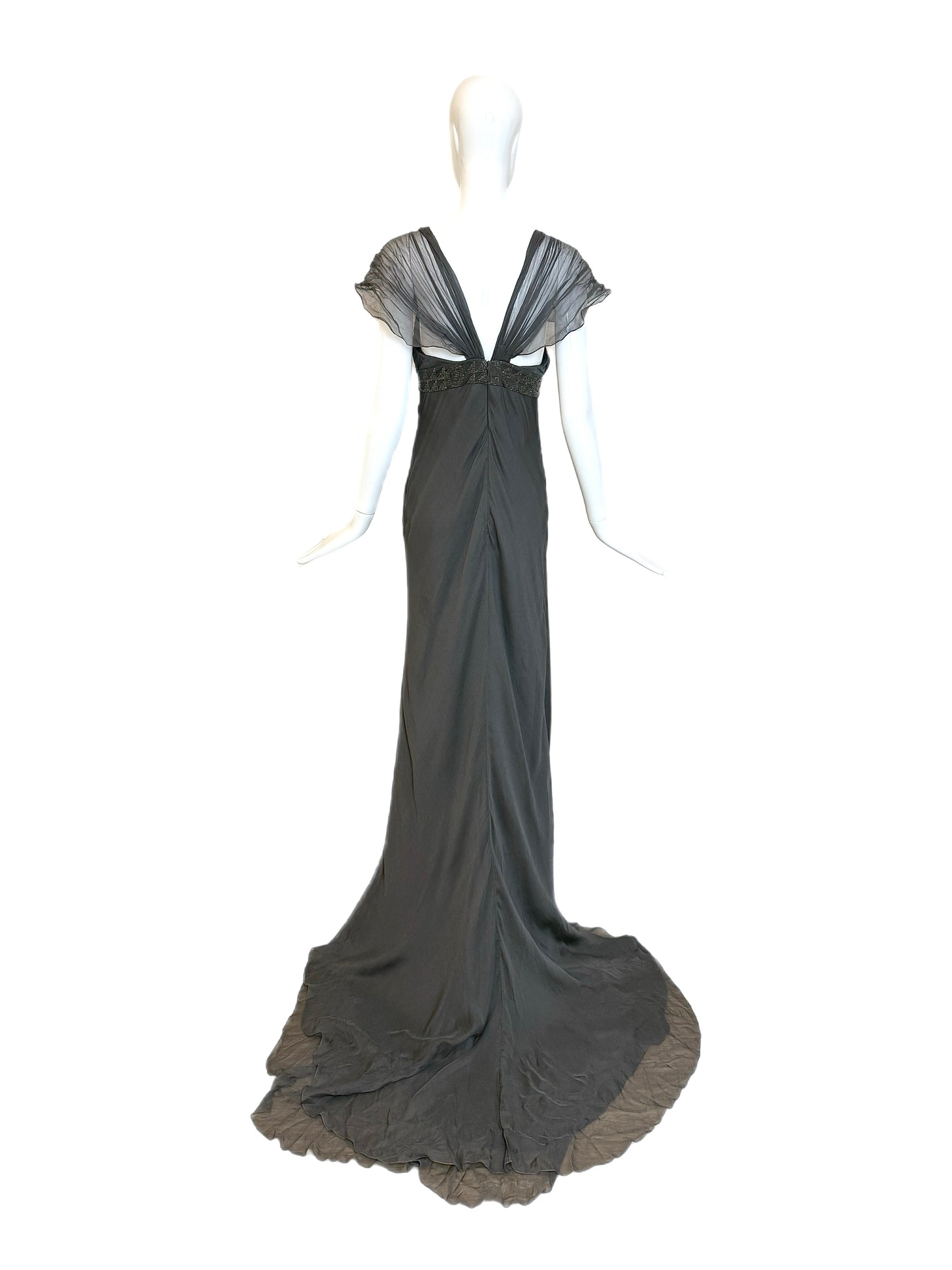 J. MENDEL Vintage Grey Silk Evening Gown w. Long Train