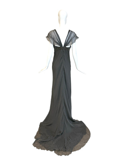 J. MENDEL Vintage Grey Silk Evening Gown w. Long Train