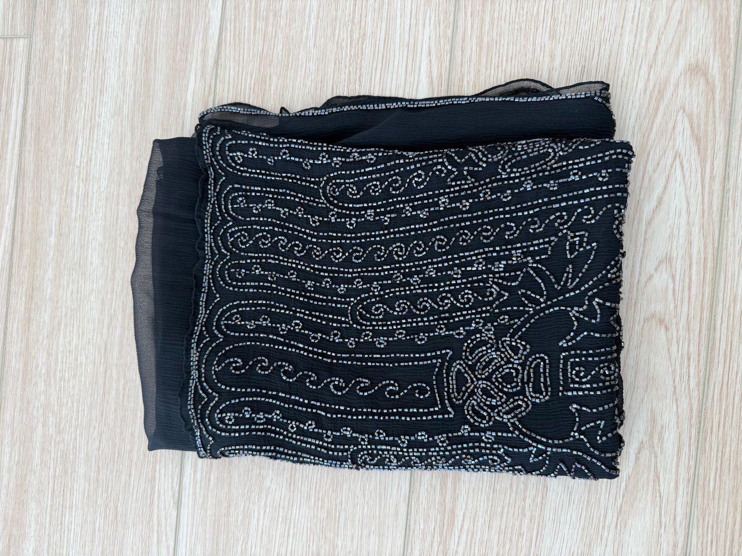 EAVIS & BROWN 90's Vintage Black Silk Hand-Beaded Oversized Shawl