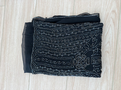 EAVIS & BROWN 90's Vintage Black Silk Hand-Beaded Oversized Shawl