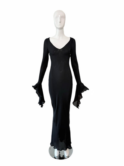 MARIA GRACHVOGEL Vintage Dramatic Sleeve Black Silk Evening Gown