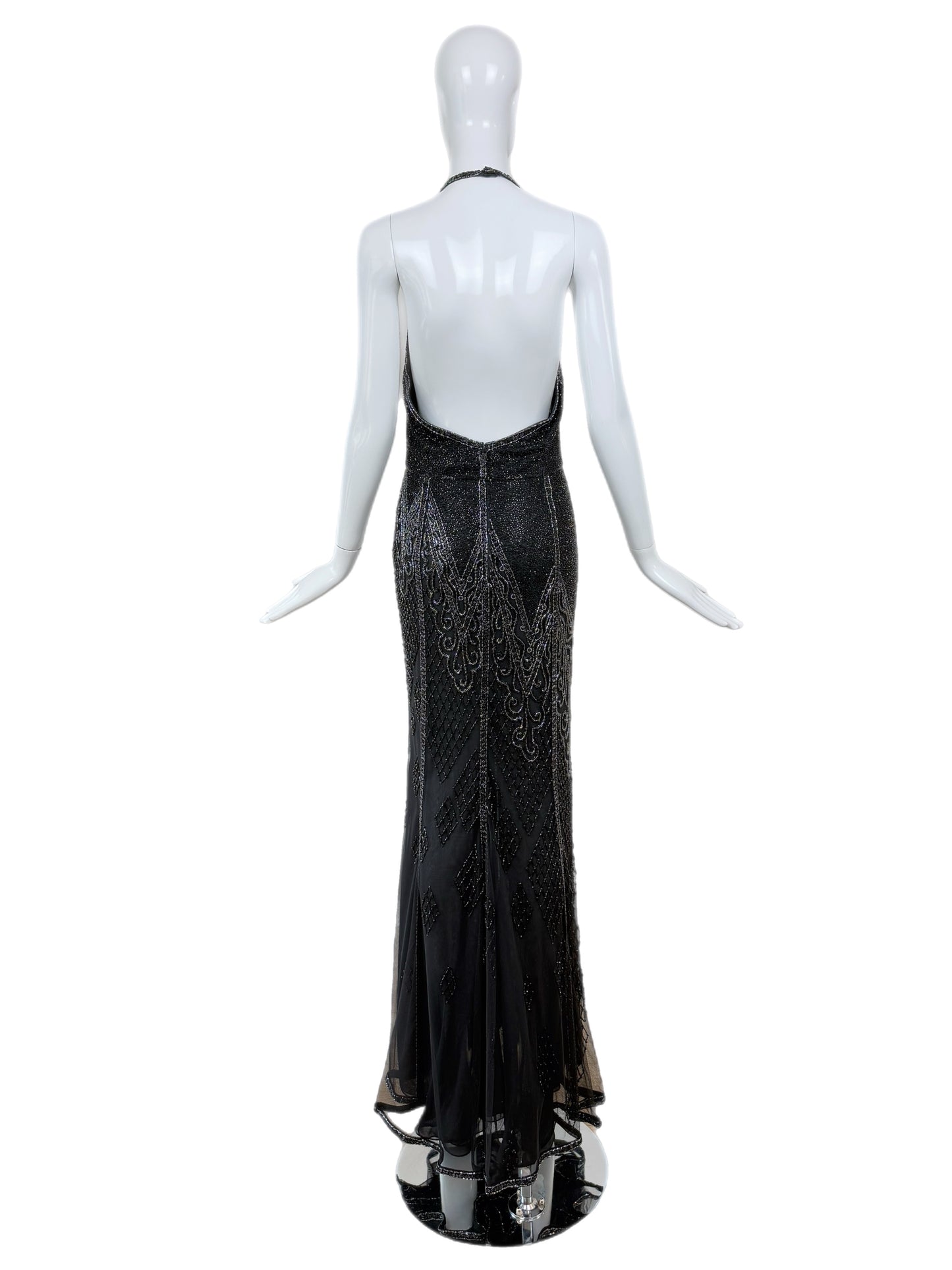 BOB MACKIE Vintage Heavily Beaded Cowl Neck Open Back Evening Gown