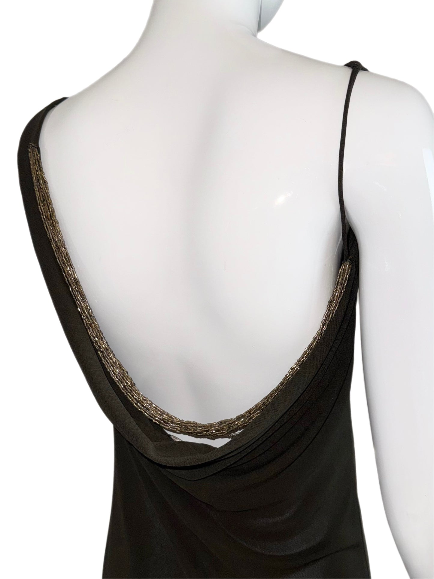 PAMELA DENNIS COUTURE 90's Vintage Hunter Green Beaded Cowl Neck Evening Gown